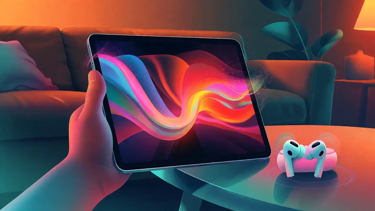 iPad diffusant du contenu avec effets visuels et écouteurs sans fil