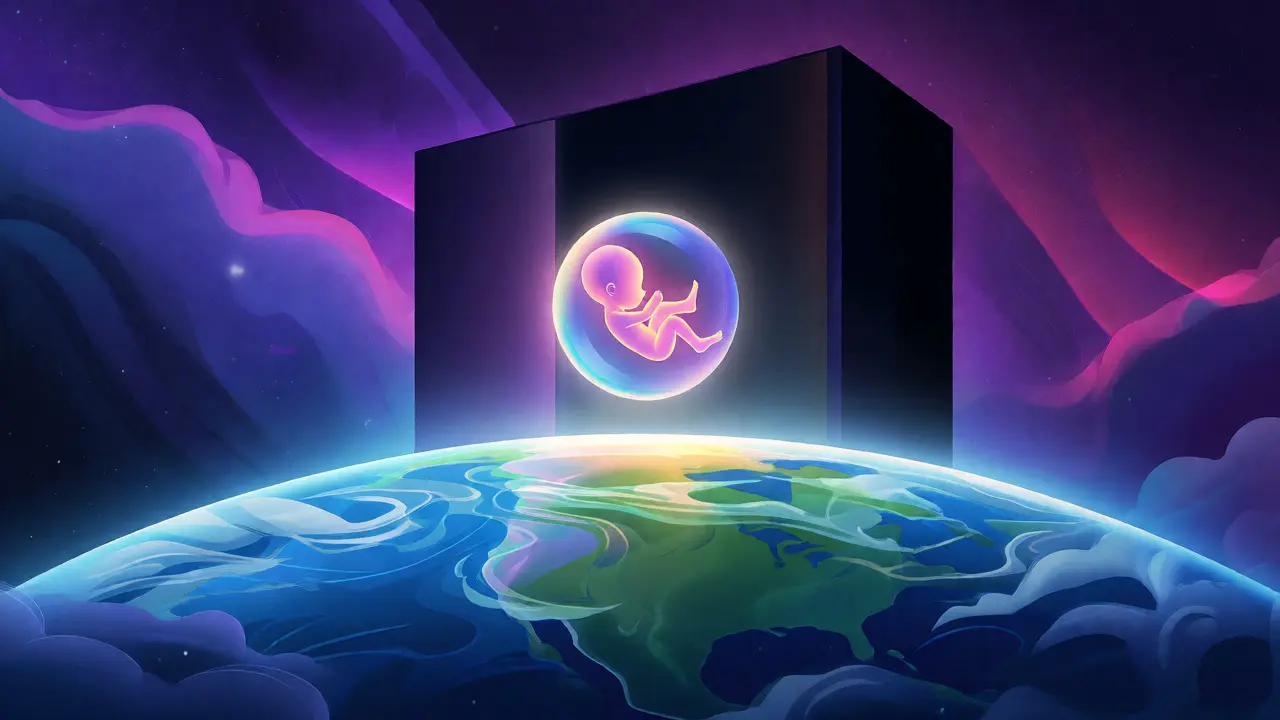 L'Enfant des étoiles flottant au-dessus de la Terre et du Monolithe