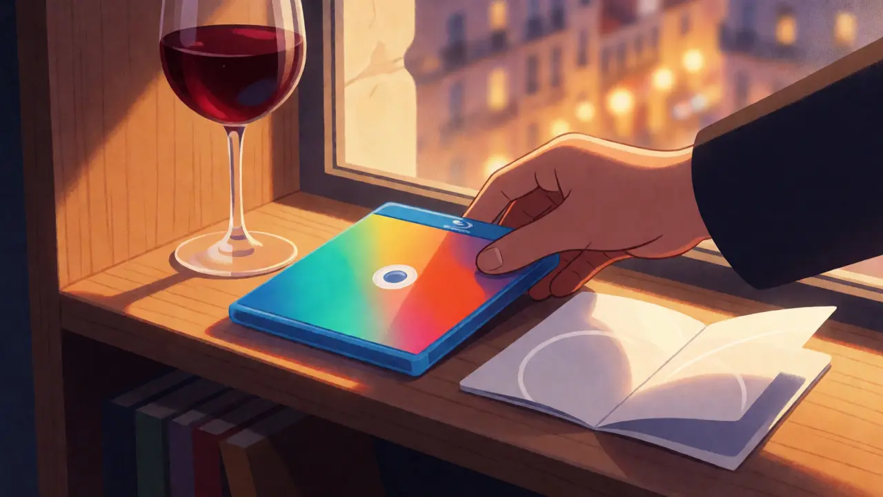 Main posant un disque physique à côté d'un verre de vin près d'une fenêtre.