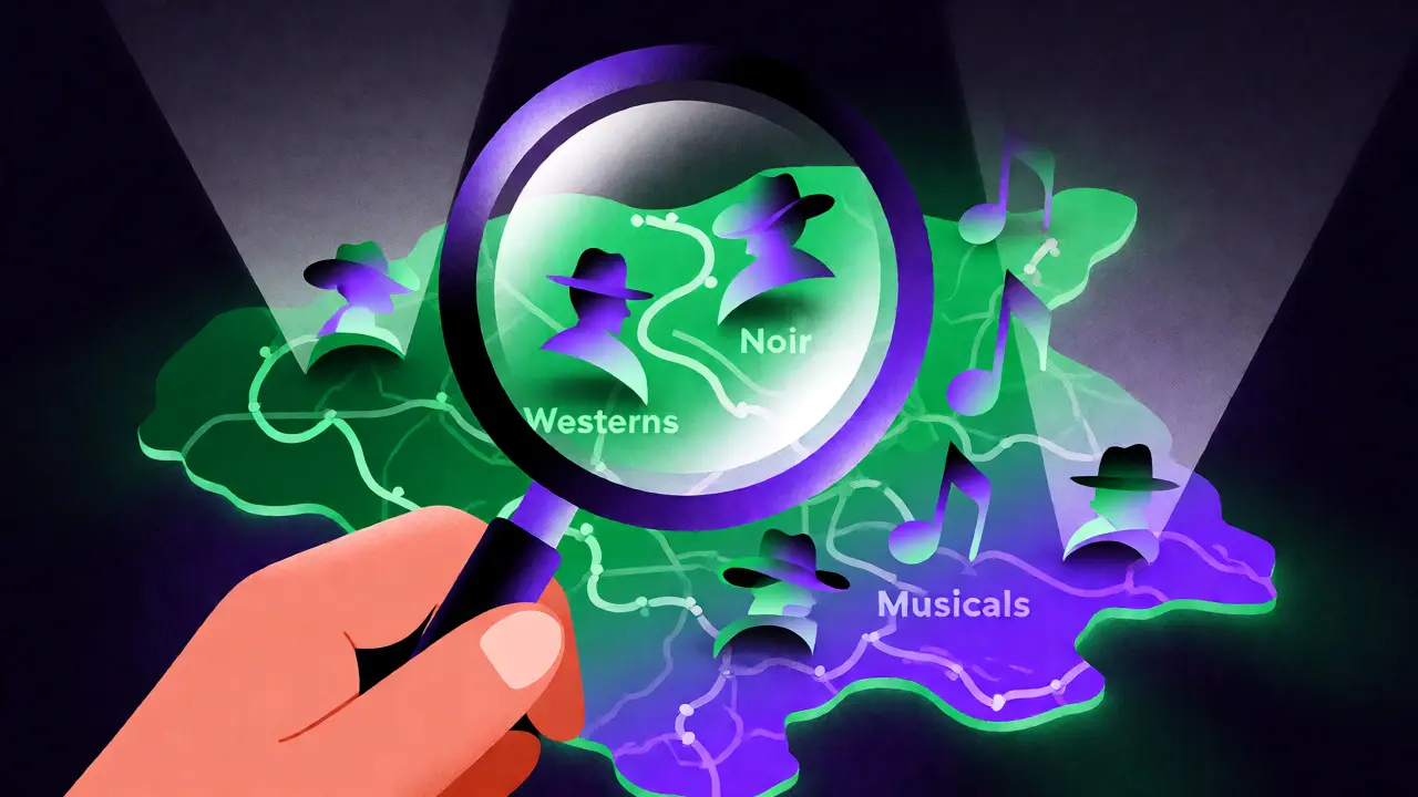 Mains tenant une loupe sur une carte holographique des genres cinématographiques avec des dégradés verts et violets.