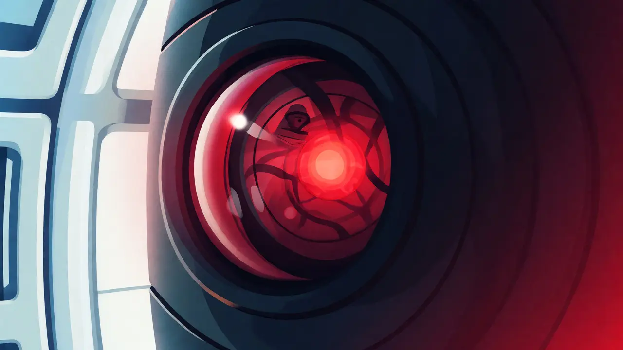 Œil rouge de HAL 9000 avec reflets et contrastes de couleurs