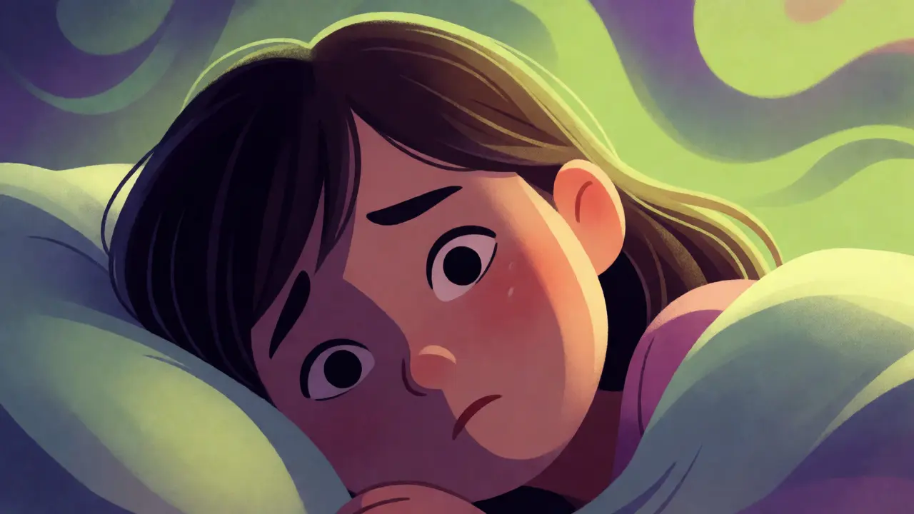 Portrait d'une jeune fille tourmentée dans un lit aux couleurs psychédéliques