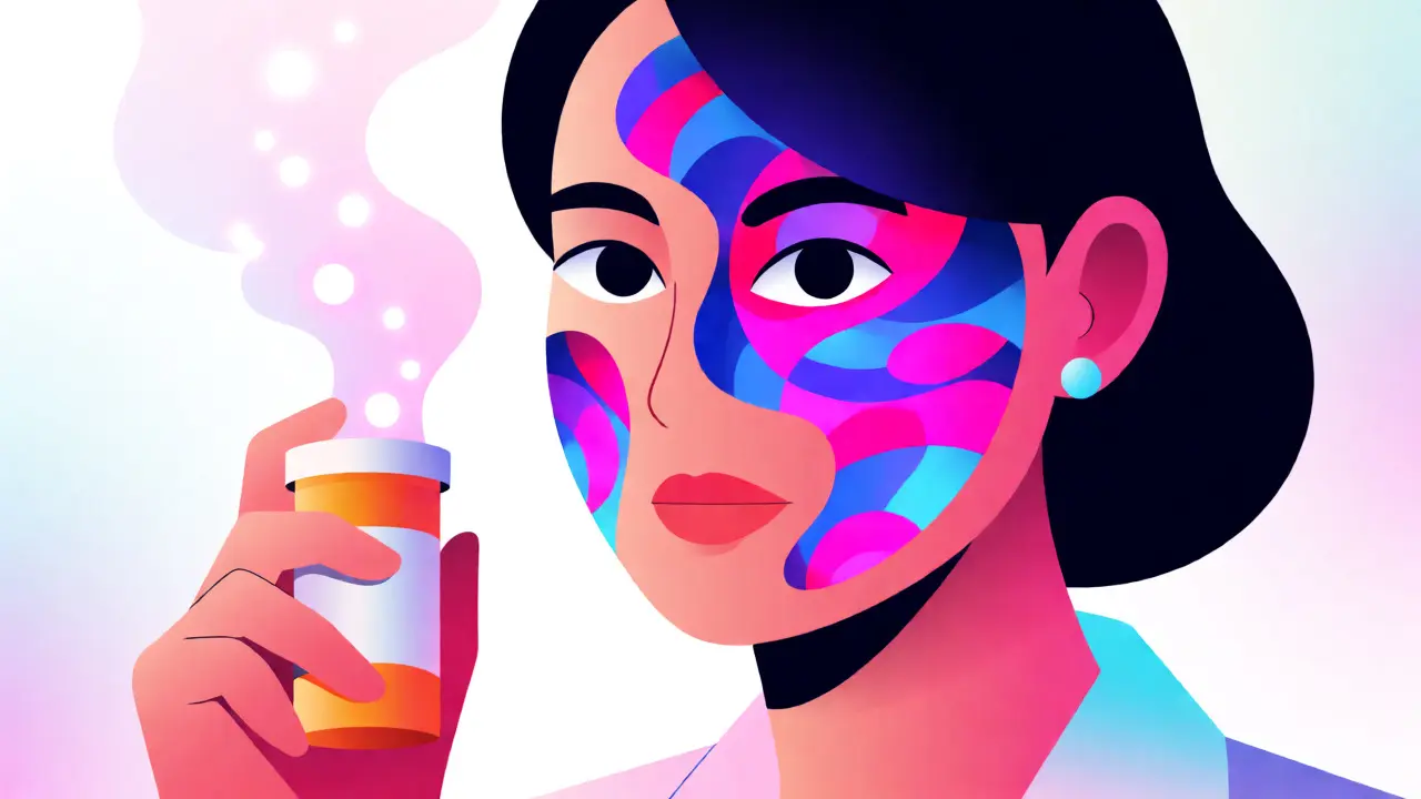 Portrait surréaliste d'une femme aux motifs cutanés colorés tenant une pilule, style illustration dégradé.