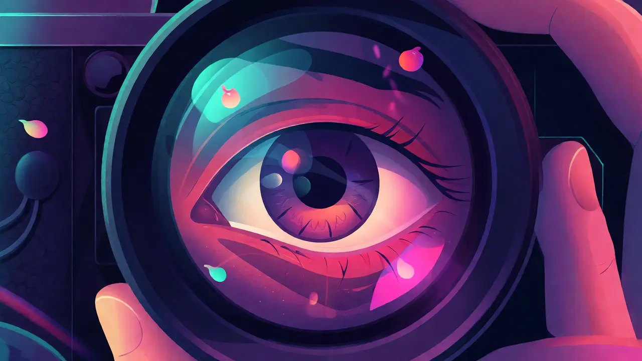 Reflet émotionnel dans une lentille de caméra illustrant l'éthique du regard
