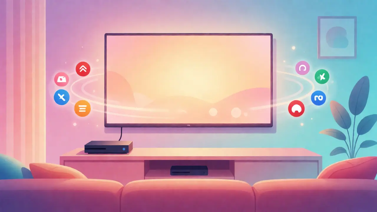 Salon moderne avec une Smart TV et une console de jeu fonctionnant parfaitement