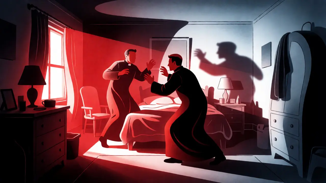 Scène d'exorcisme dramatique avec prêtres et ombres distordues