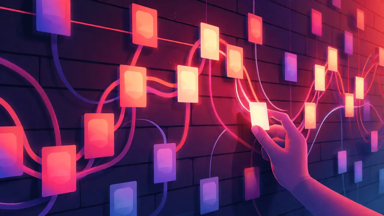 Tableau abstrait avec des cartes lumineuses représentant le rythme narratif d'un beat board.