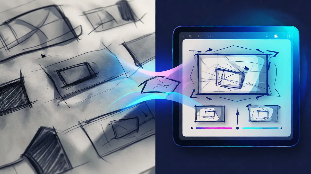 Transition visuelle entre croquis papier et storyboard numérique sur tablette.