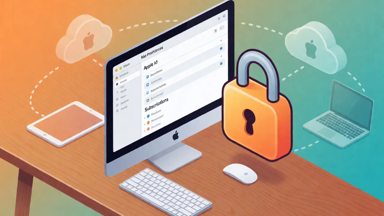 Vue isométrique d'un Mac affichant la gestion des abonnements Apple ID