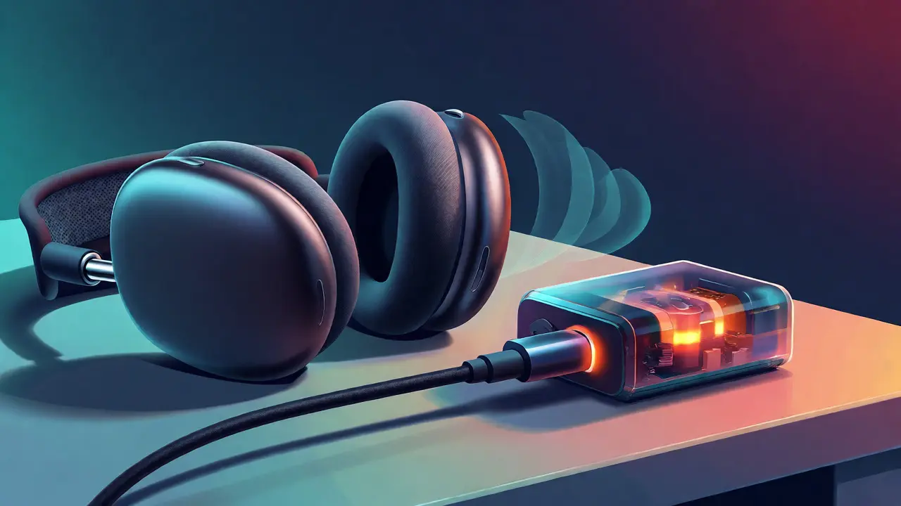 Casque audio connecté à un convertisseur numérique-analogique externe pour une qualité Hi-Fi.