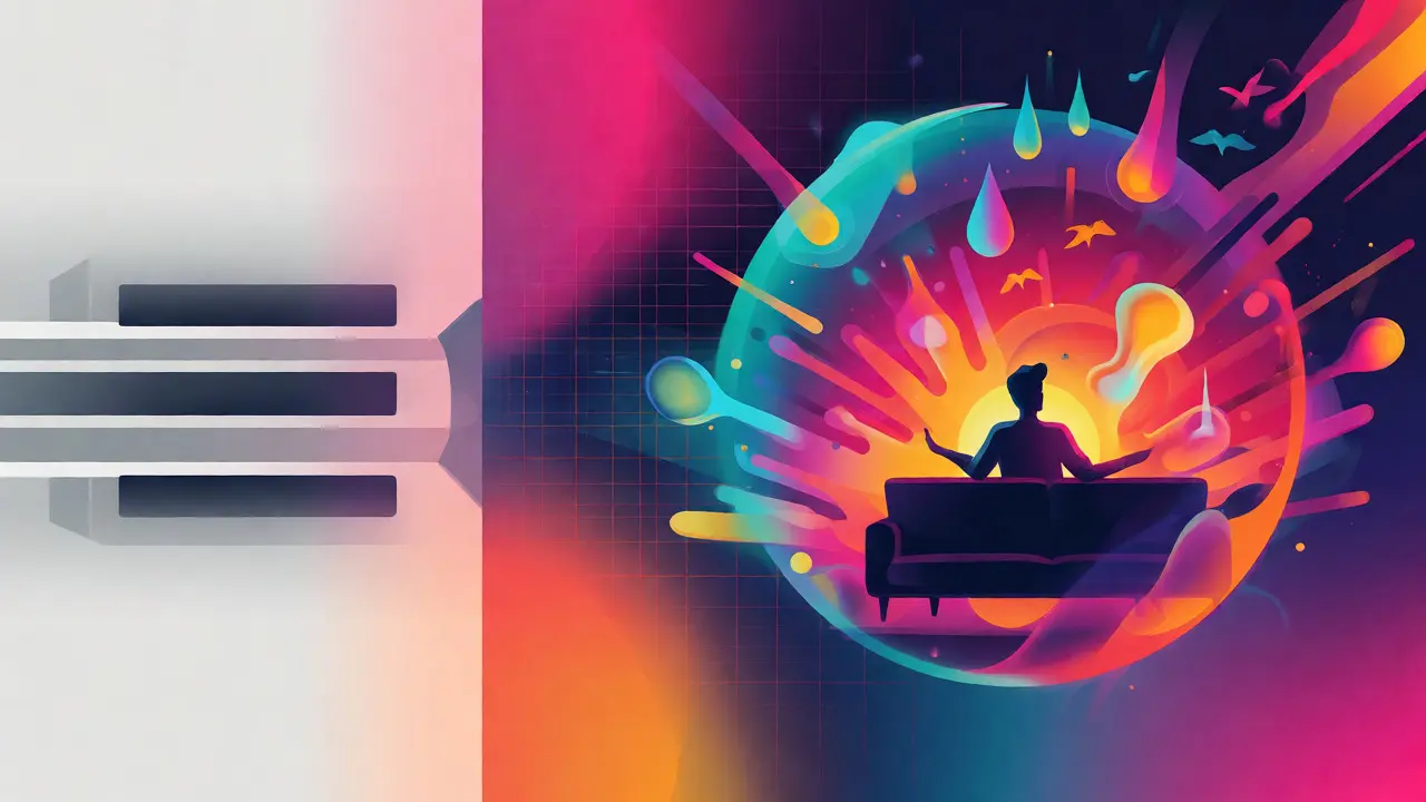 Comparaison visuelle entre son stéréo plat et bulle sonore immersive en dégradés colorés.