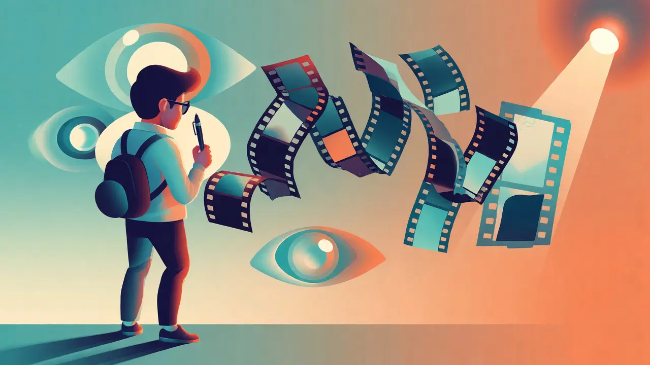 Concept visuel d'un journaliste sélectionnant des films uniques dans un flux de pellicules abstraites aux dégradés.