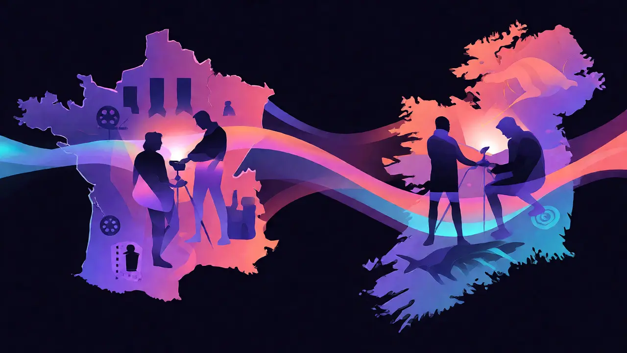 Connexion abstraite entre la France et l'Irlande via des rubans lumineux