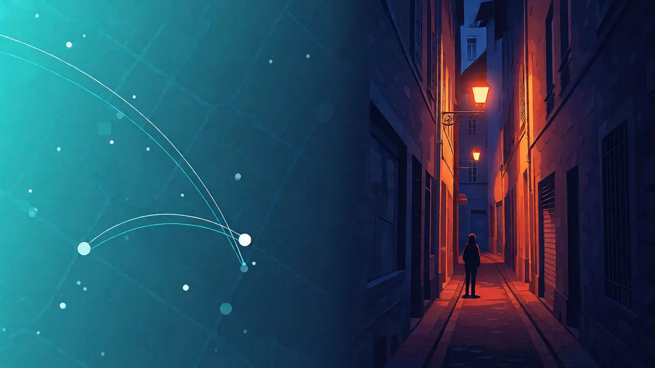 Contraste entre une carte numérique abstraite et une visite nocturne dans une ruelle étroite.