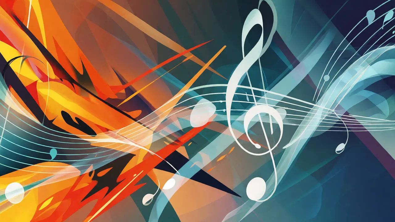 Contraste visuel entre formes chaotiques chaudes et rubans musicaux froids élégants