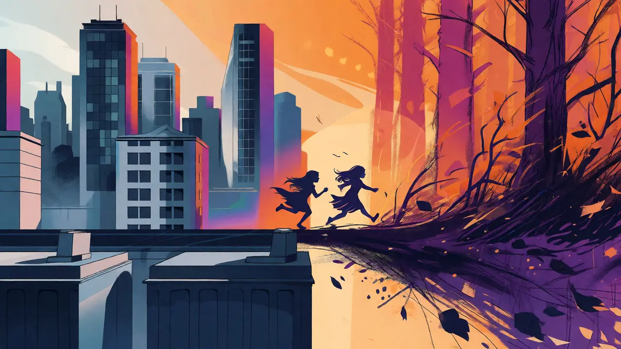 Contraste visuel entre une ville ordonnée et une forêt sauvage en couleurs