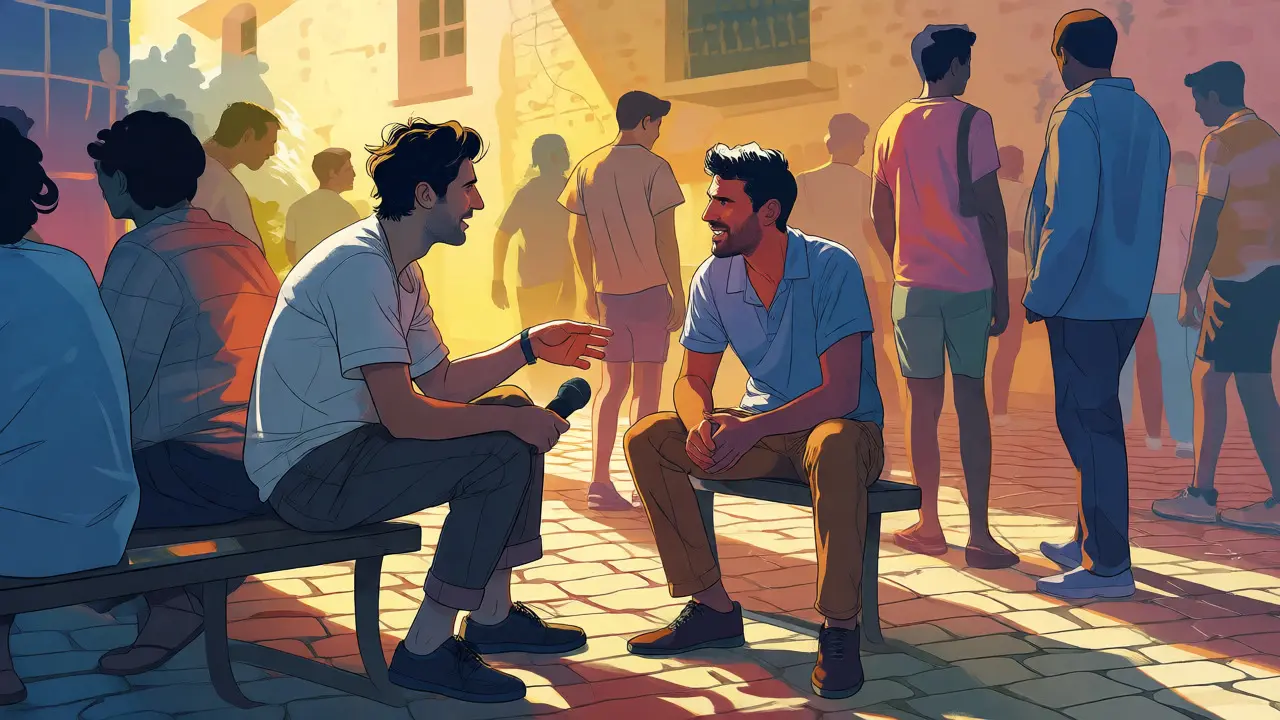 Conversation animée entre un réalisateur et un journaliste dans la cour ensoleillée d'un festival de cinéma.