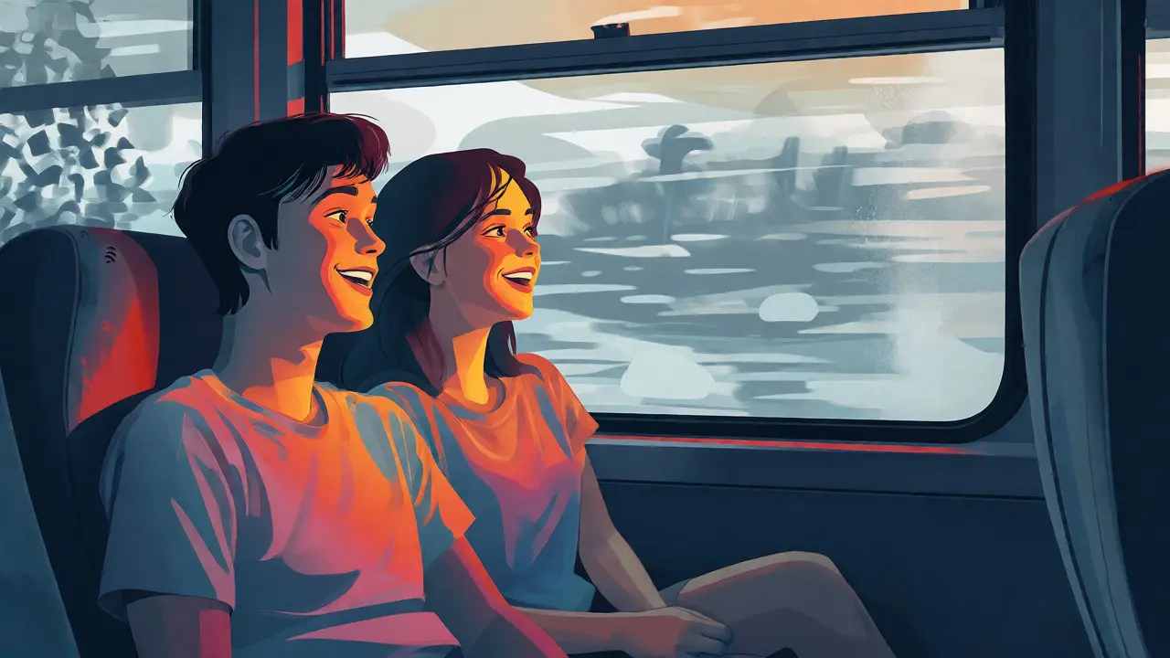 Deux jeunes sur un bus, leurs visages passant de la joie à l'inquiétude, symbolisant l'incertitude future.