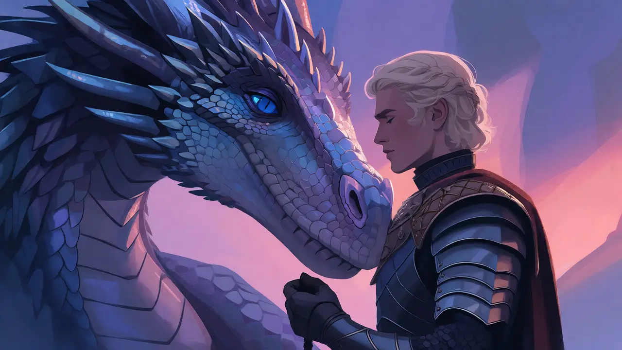 Dragon et cavalier dans une scène intime aux couleurs douces