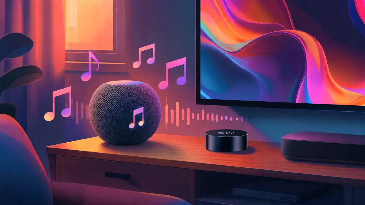 Environnement domestique avec HomePod et Apple TV diffusant de la musique en haute résolution.