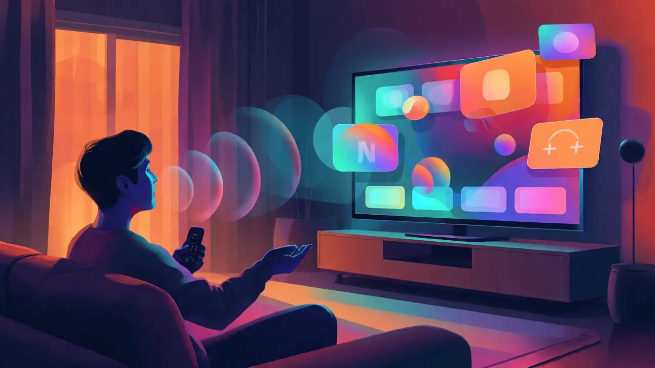 Famille regardant la TV avec commandes vocales et dégradés
