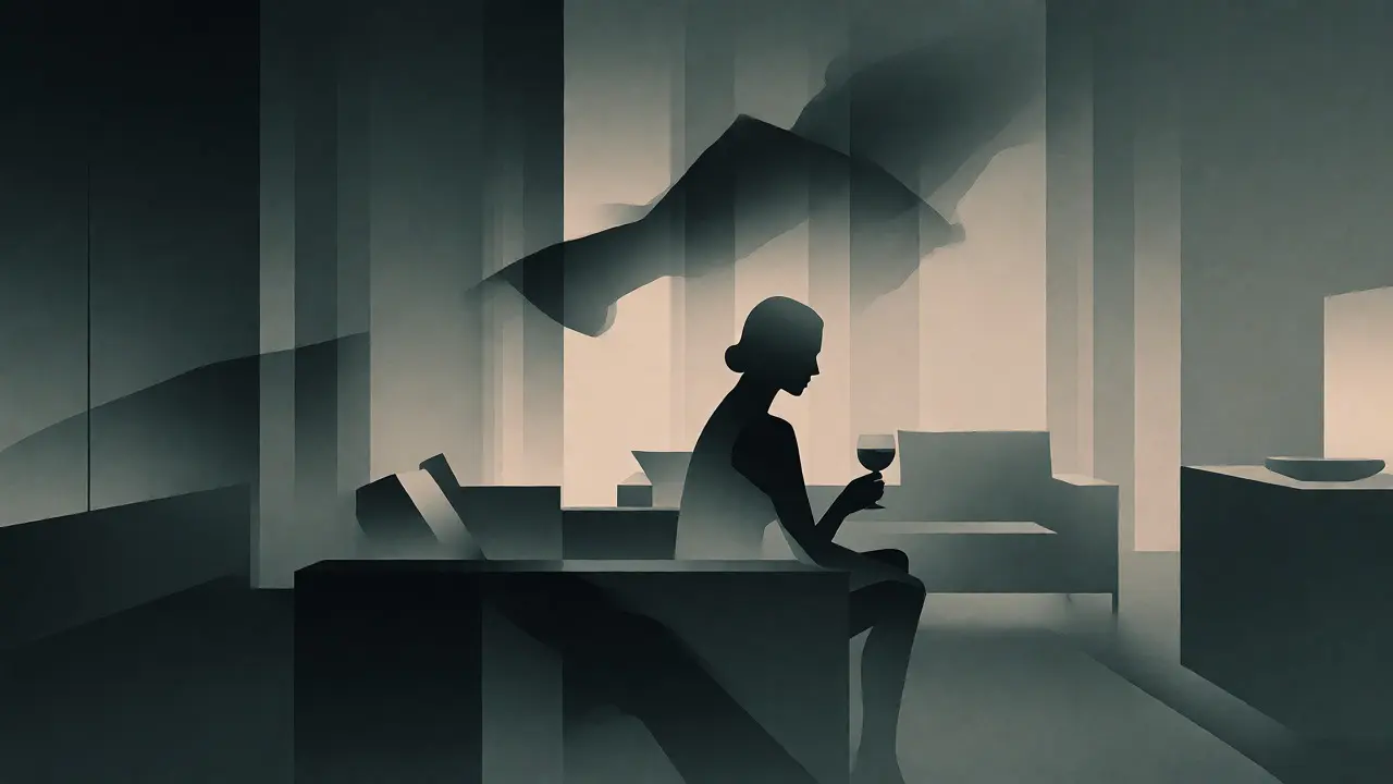 Femme solitaire dans un salon moderne aux tons froids et psychologiques
