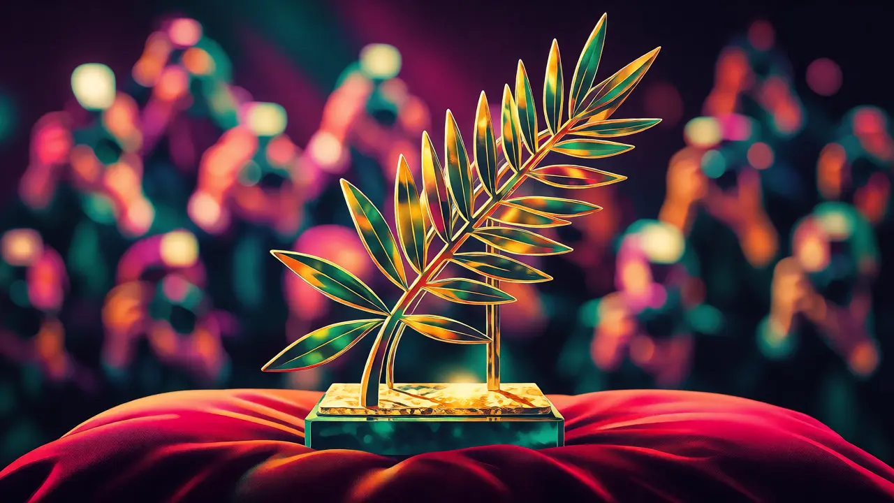 Gros plan sur la Palme d'Or illuminée dans un style dégradé coloré