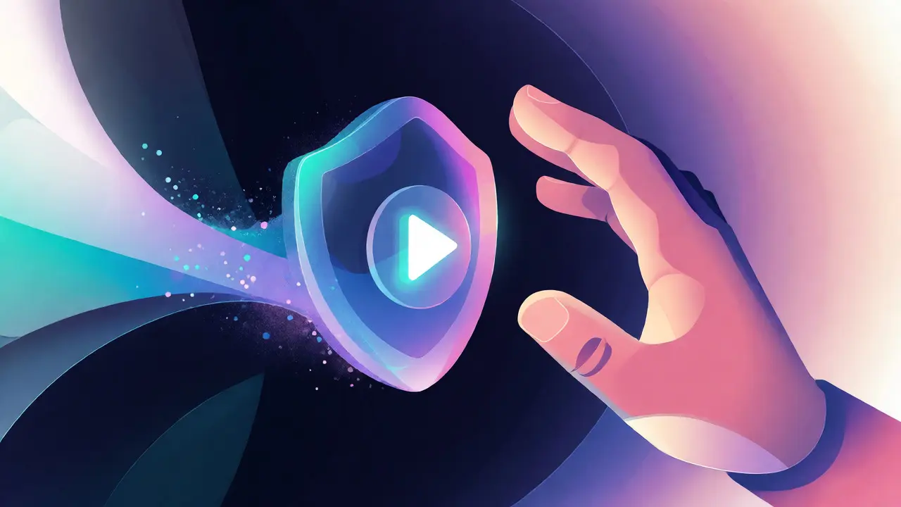 Illustration abstraite d'une main repoussant une bulle contenant une icône de lecture.