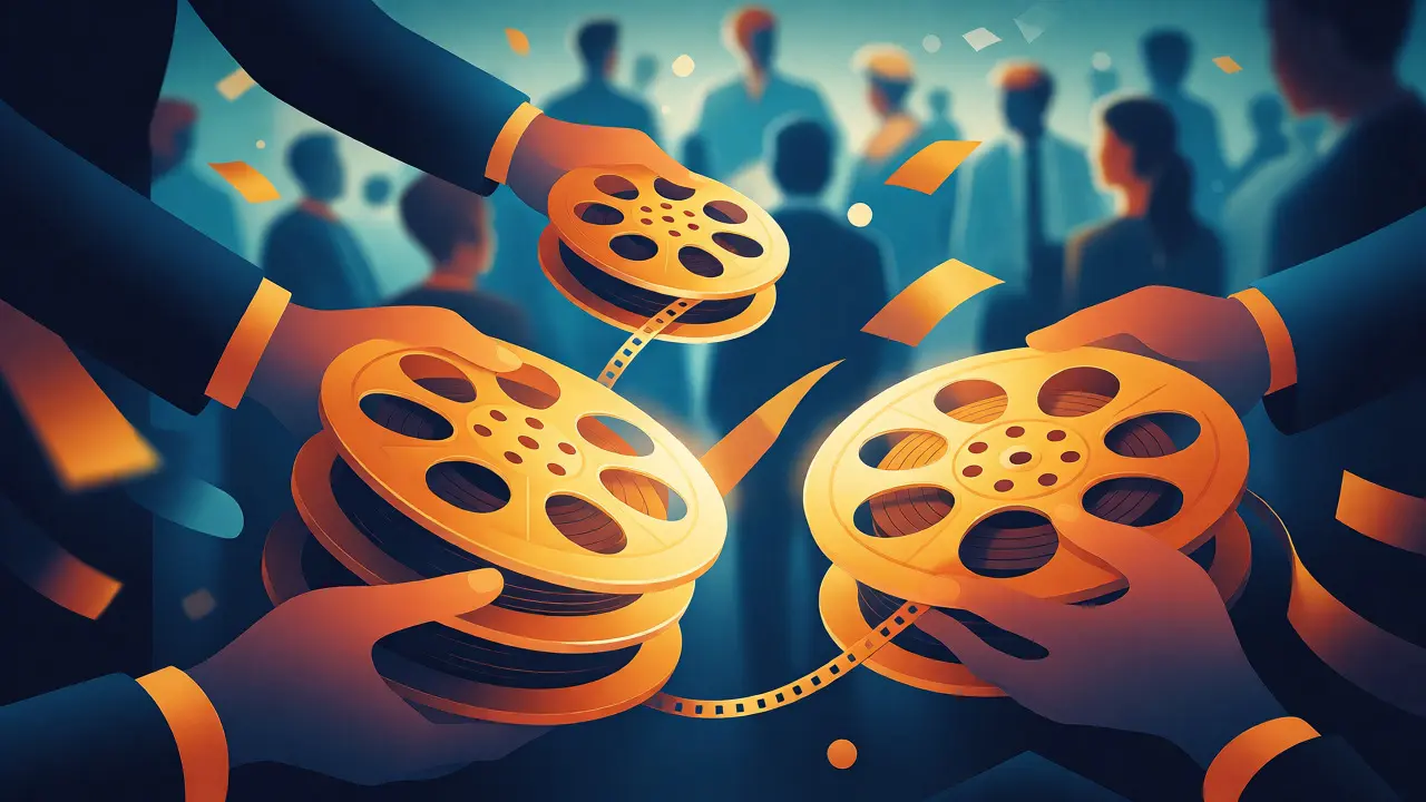 Illustration abstraite des négociations du Marché du Film avec des bobines dorées