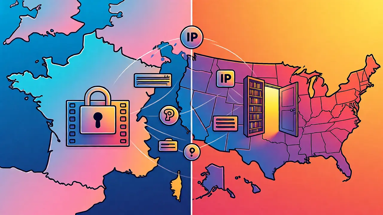 Illustration conceptuelle comparant les catalogues de streaming en France et aux États-Unis.