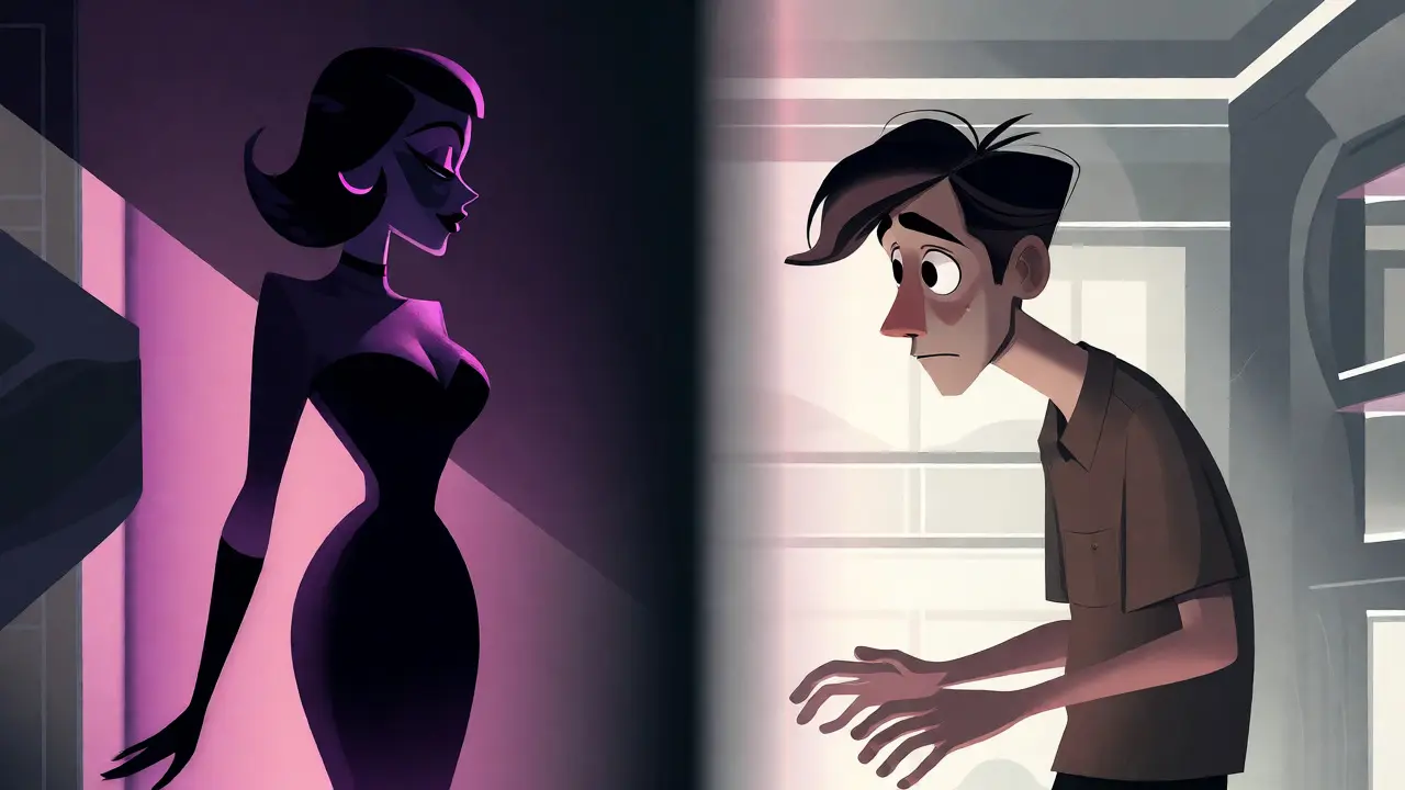 Illustration contrastée d'une femme mystérieuse et d'un jeune homme anxieux, capturant la tension psychologique.