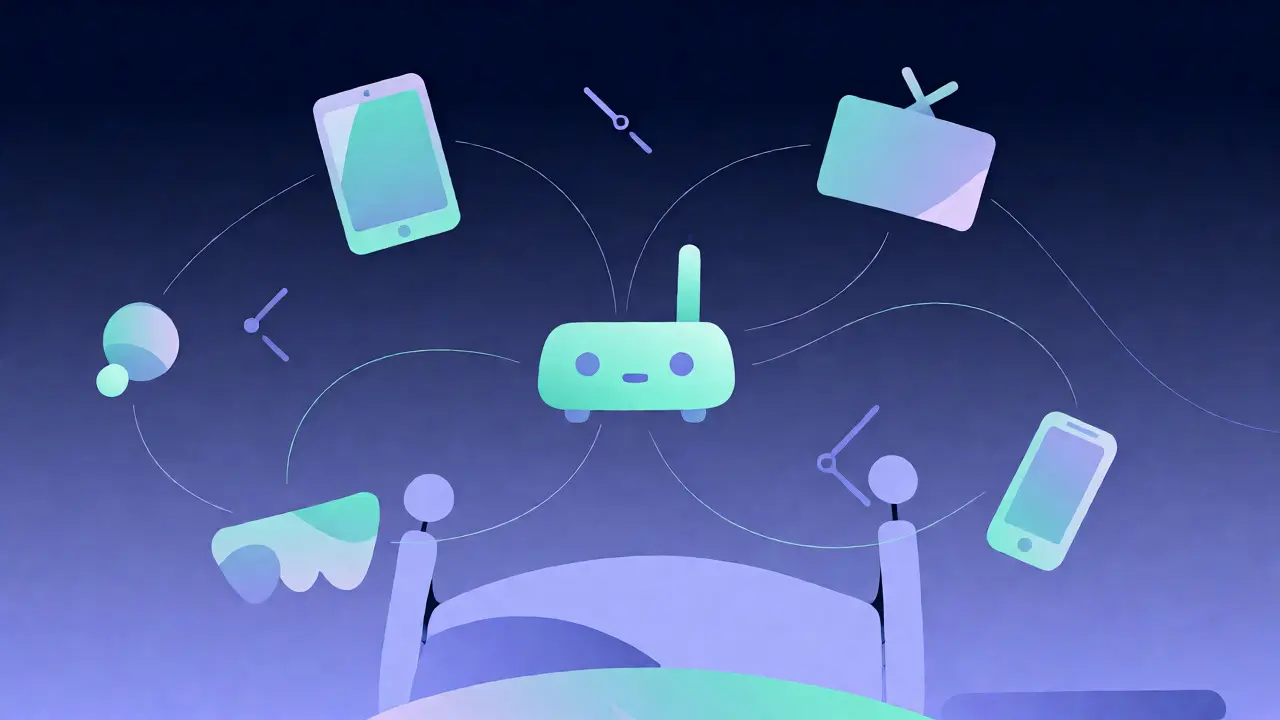 Illustration d'un routeur connecté aux appareils de la maison