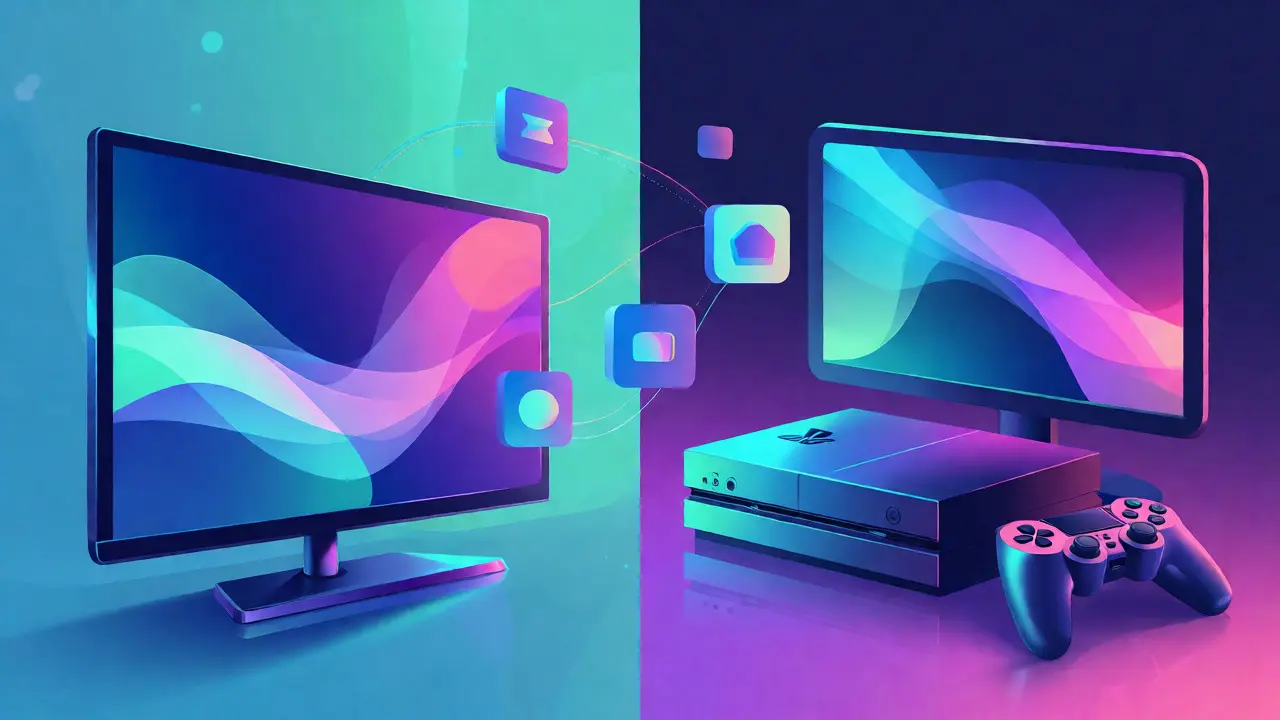 Illustration d'une Smart TV et d'une console de jeu connectées par des flux de données abstraits.