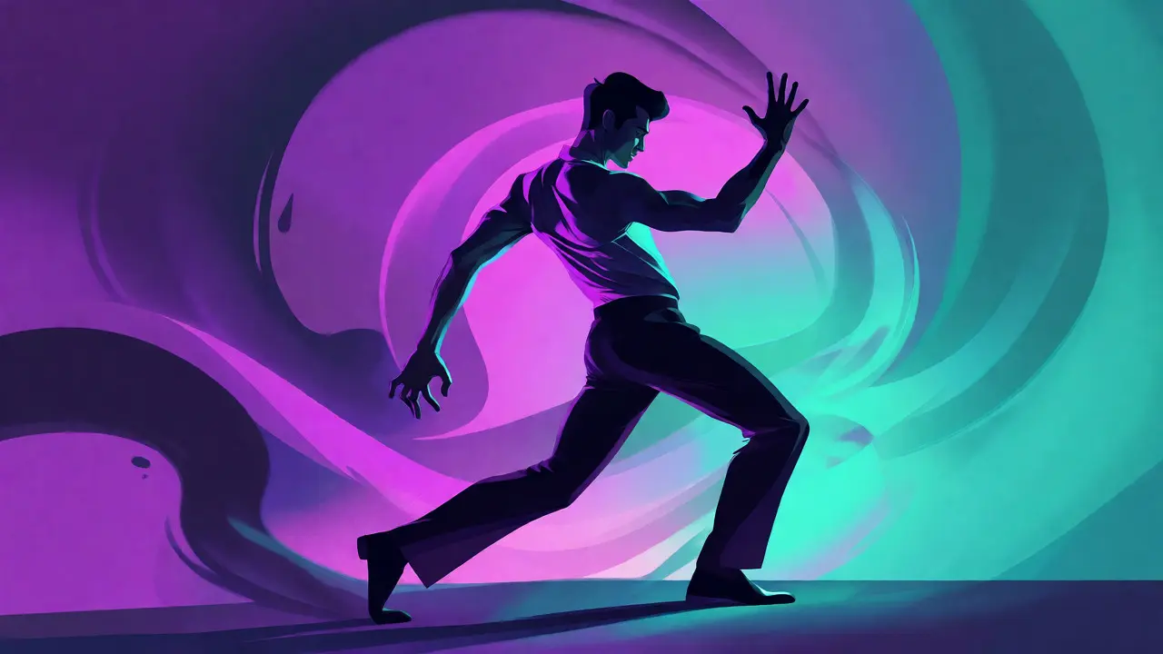 Illustration dynamique d'un acteur en mouvement montrant la tension corporelle et la transformation physique.