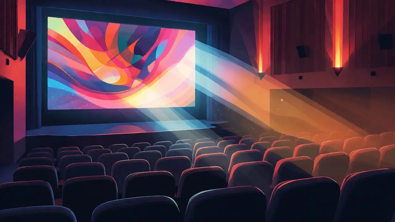 Intérieur d'un cinéma d'art et essai avec faisceau lumineux