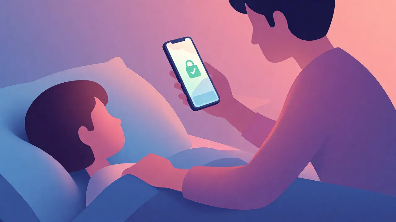 Parent couchant un enfant avec un téléphone montrant le contrôle parental