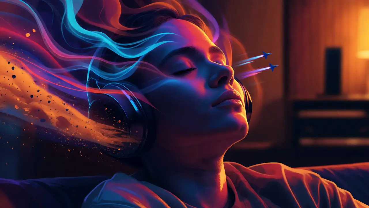 Personne absorbée par un tourbillon de couleurs représentant l'immersion audio spatiale.