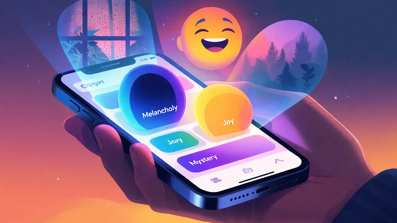 Smartphone affichant des bulles de couleurs représentant différentes humeurs émotionnelles.