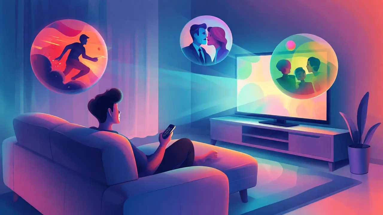 Spectateur dans un salon futuriste projetant trois bulles holographiques de genres différents.