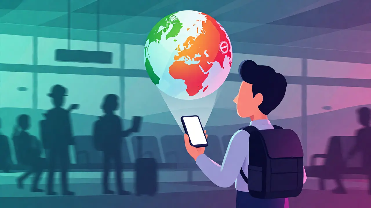 Un voyageur regardant un globe holographique projeté par son smartphone dans un aéroport.