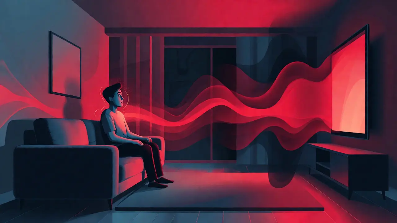 Une personne tendue dans un salon sous l'effet de vagues sonores graves et rouges