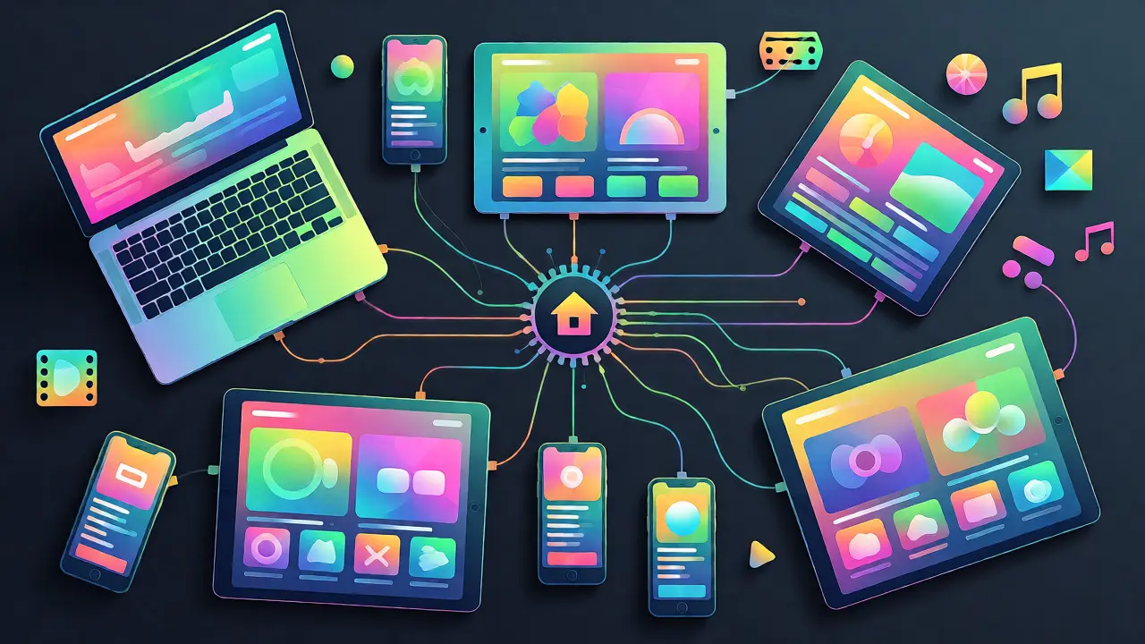 Vue de dessus d'appareils connectés dans un foyer, illustrant la gestion des flux multimédias.